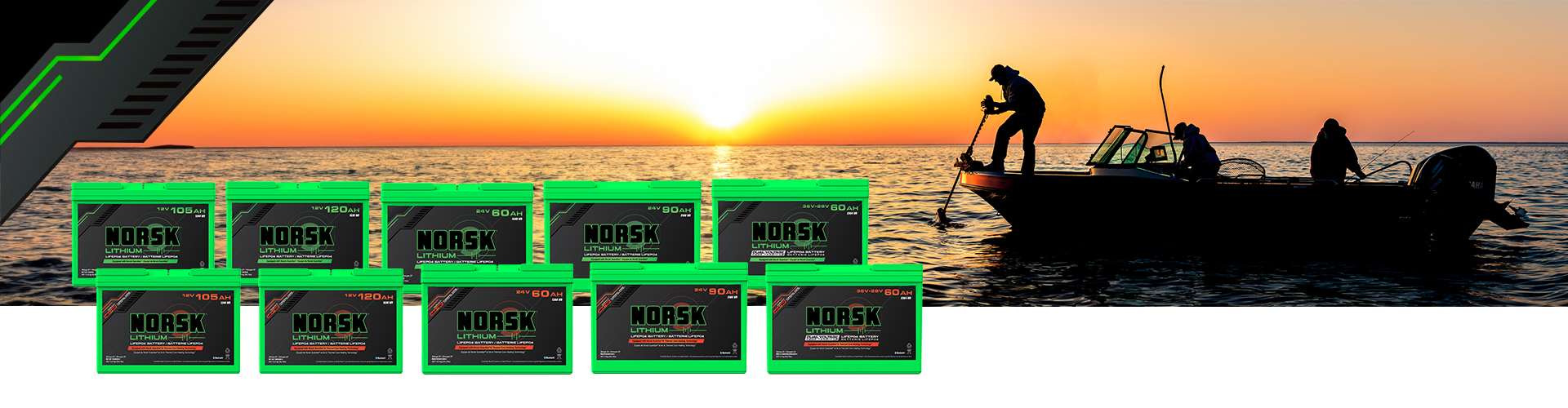 a group of Lithium trolling motor batteries with a picture of a sunset