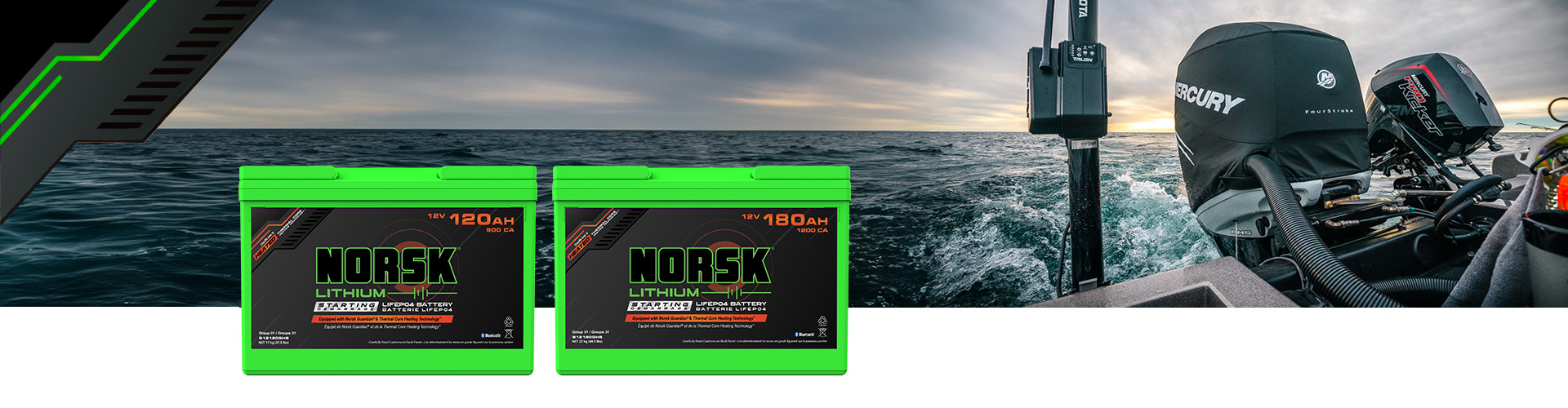 Norsk Lithium Starting Battery - Header - 1920X500 a group of Lithium trolling motor batteries with a picture of a sunset