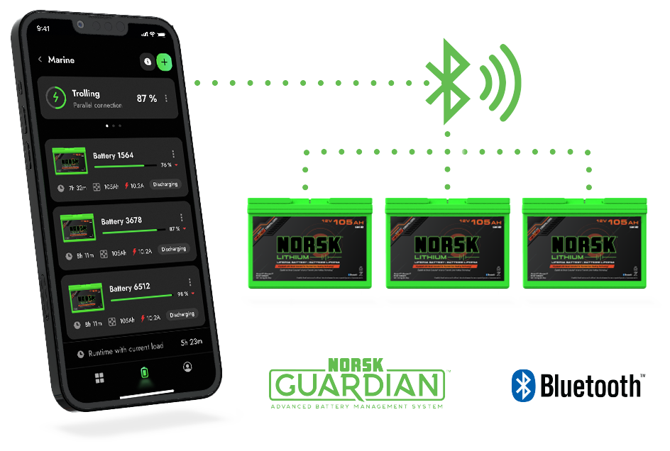 Norsk Lithium Guardian Connected to 3 Lithium Batteries via bluetooth 25