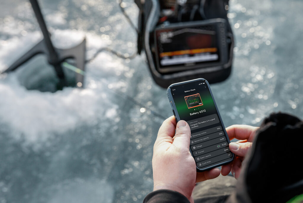 Norsk Guardian App Connected to a Norsk 14.8V Battery used to power Garmin Livescope ice fishing bundle 1 1610X1080