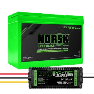 Norsk Lithium 16V Cruise & Charge Power Package featuring 105Ah 16V LiFePO₄ battery and 12V to 16V DC-to-DC charger