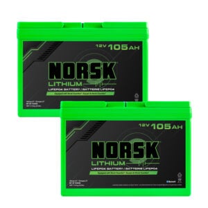Two Norsk Lithium 12V 105Ah LiFePO₄ batteries shown for use in a 24V lithium upgrade bundle