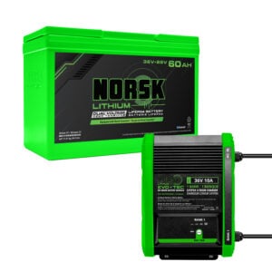 Norsk Lithium 36V 60Ah Dual Voltage LiFePO4 Battery and EVO-TEC 36V On-Board Charger for trolling motor power package