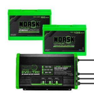 Norsk Lithium Ultimate 36V Trolling & FFS Power Package featuring 36V 60Ah Dual Voltage Battery, 16V 135Ah Battery, and EVO-TEC 3 Bank On-Board Charger