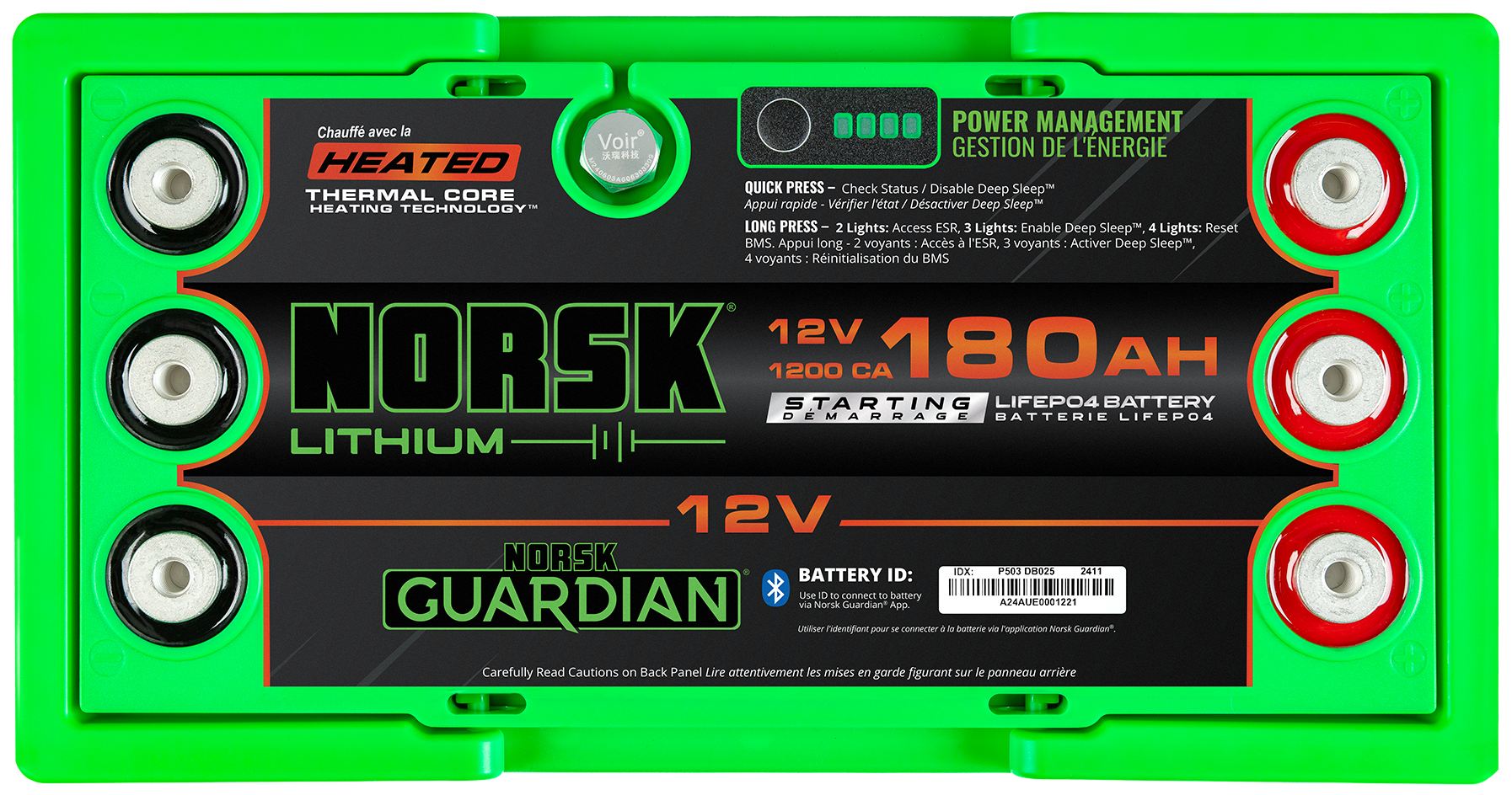 Norsk Lithium 180Ah Starting Battery Top with Battery Meter and Power Management Button