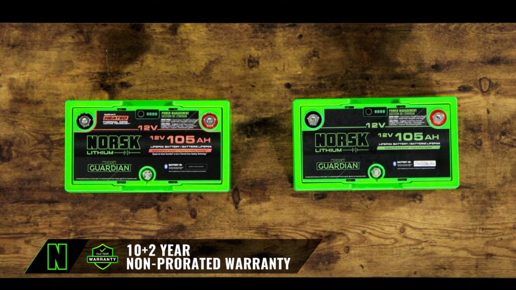 Norsk Lithium 12V 105AH batteries Top Down View Heated and Non Heated