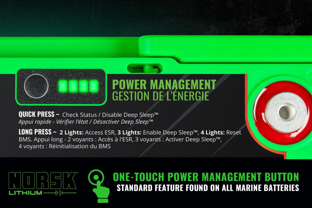 One Touch Power Management Button On Norsk Lithium Marine Heated Starting Battery closeup
