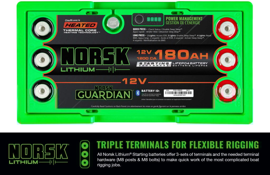 Triple Terminals On norsk Lithium Heated Marine Starting Battery Top View