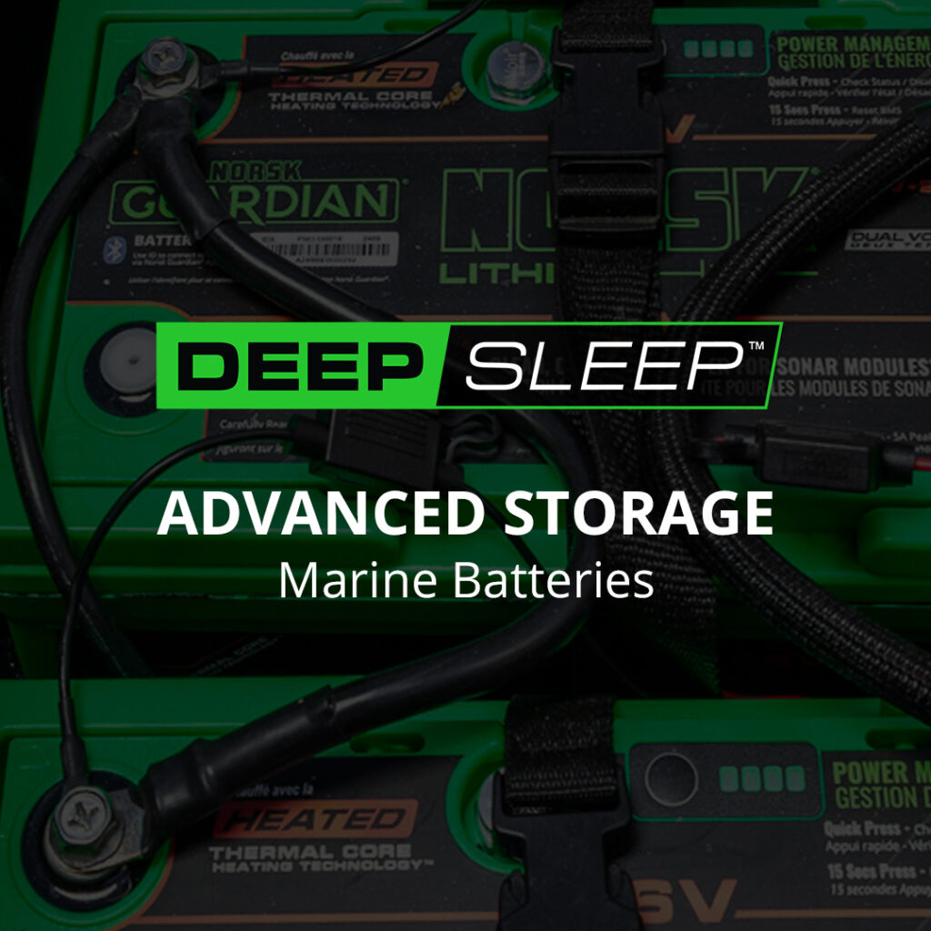 Deep Sleep Norsk Guardian App graphic over marine batteries background