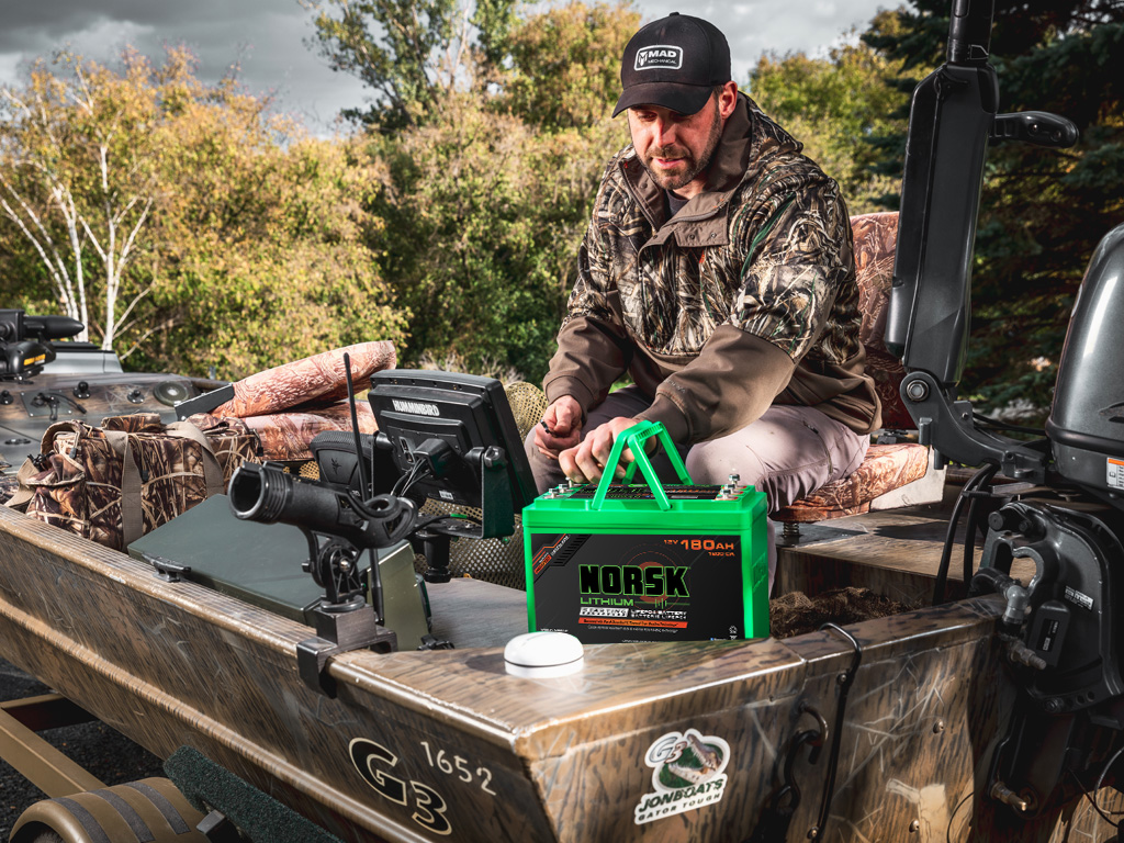 Duck Hunter using Norsk Lithium Heated Lithium Battery in Jon Boat 1