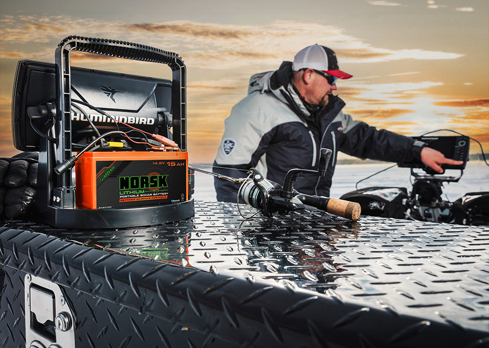 Norsk Lithium 14.8V Portable Sonar Battery Powering a Humminbird