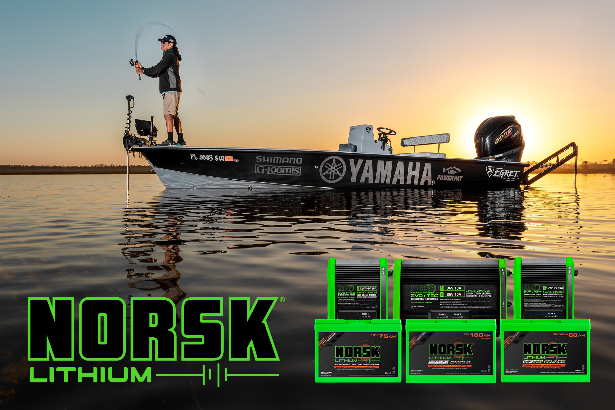 Chris Cenci Casting out of his Egret Skiff powered by Norsk Lithium Batteries -Graphic Yamaha Pro, Chris Cenci on the Florida flats, Casting for Red Fish out of his Egret Skiff powered by Norsk Lithium Batteries