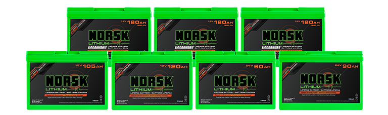 Norsk Lithium Boat Lift Battery lineup - 768X229 Norsk Lithium 12Volt 80 AH & 100AH Batteries Heated and Non heated versions available.