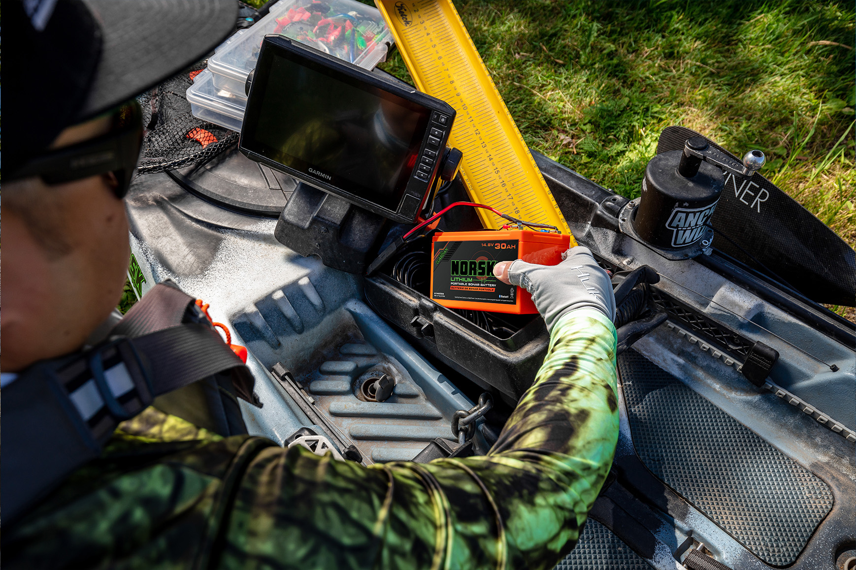 Lithium kayak battery powering kayak fish finder electronics