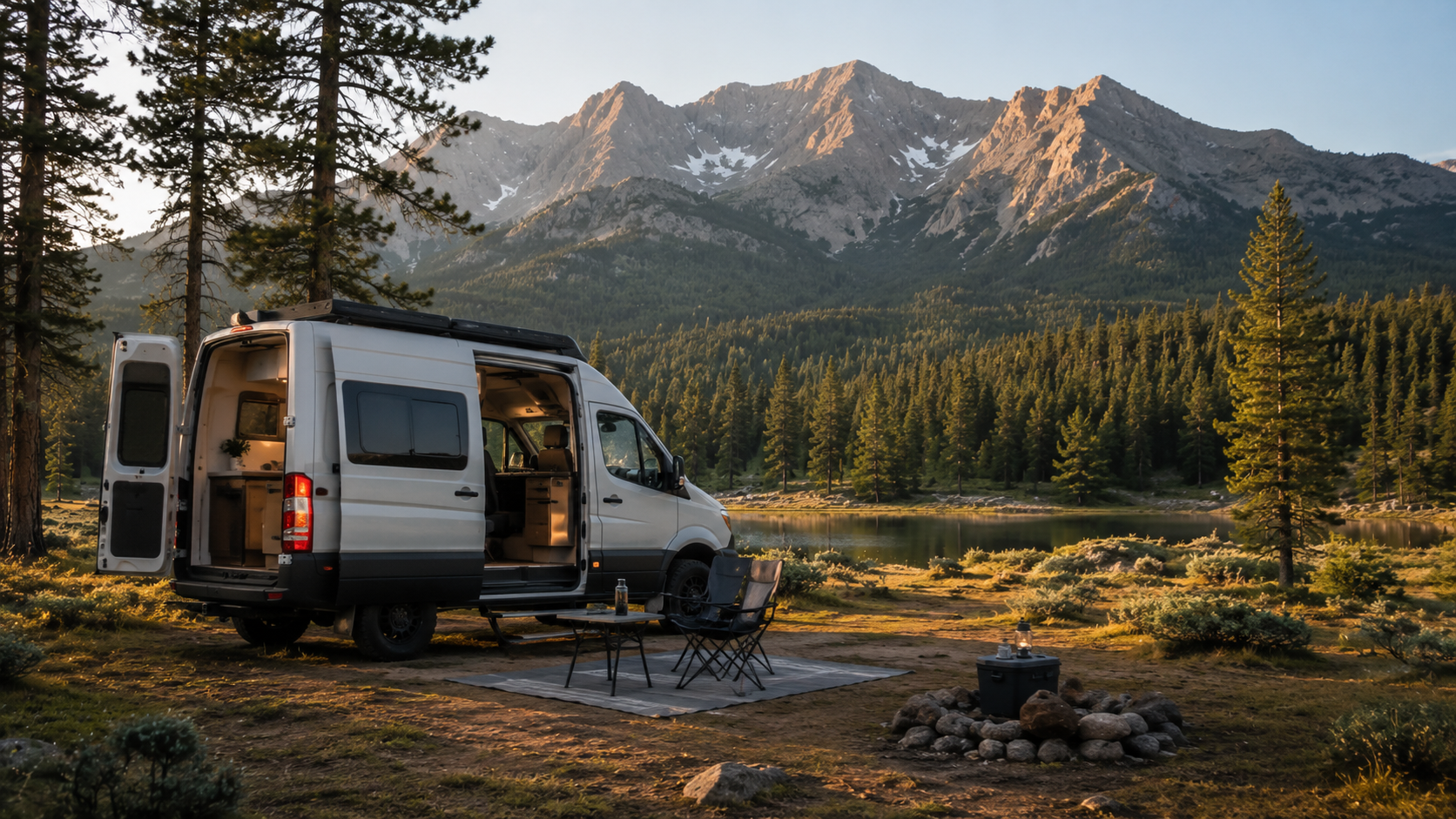 Vanlife camper van parked at a mountain lake campsite powered by lithium batteries
