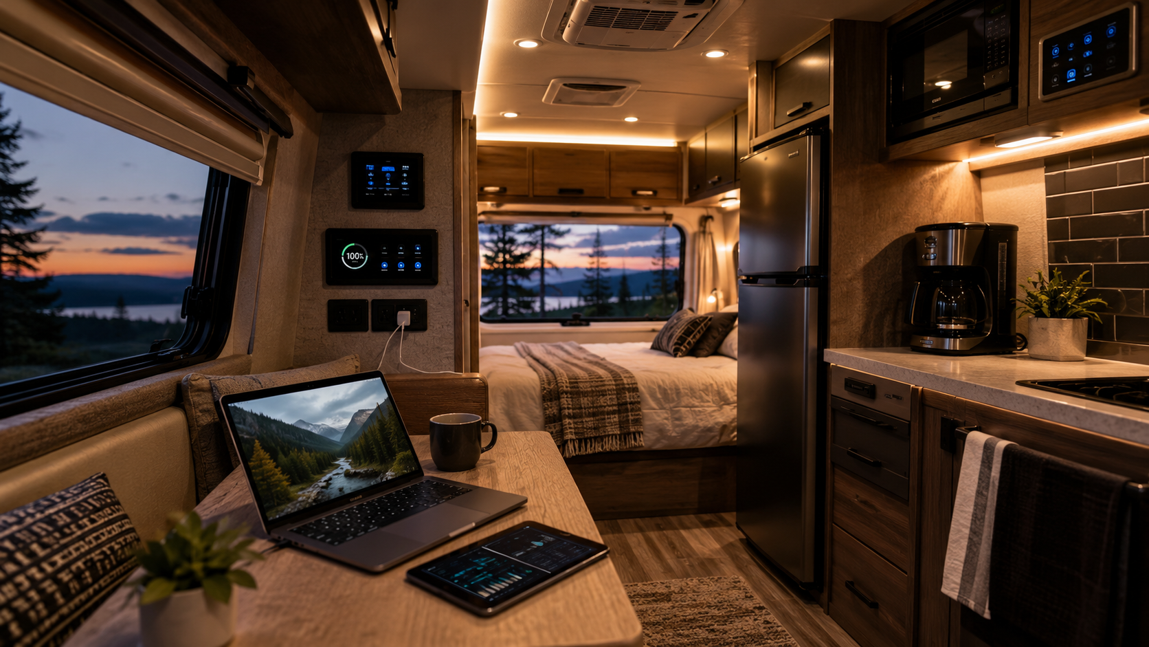 Modern RV interior with lights, electronics, kitchen appliances, and off-grid lithium battery power
