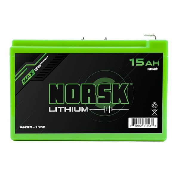 Norsk Lithium 12V 15AH Lithium Ion Battery w 2A Charger Kit 2X Built in USB Ports Ultra Light 26 LBS 1000 Charg B0CKWHTPD2